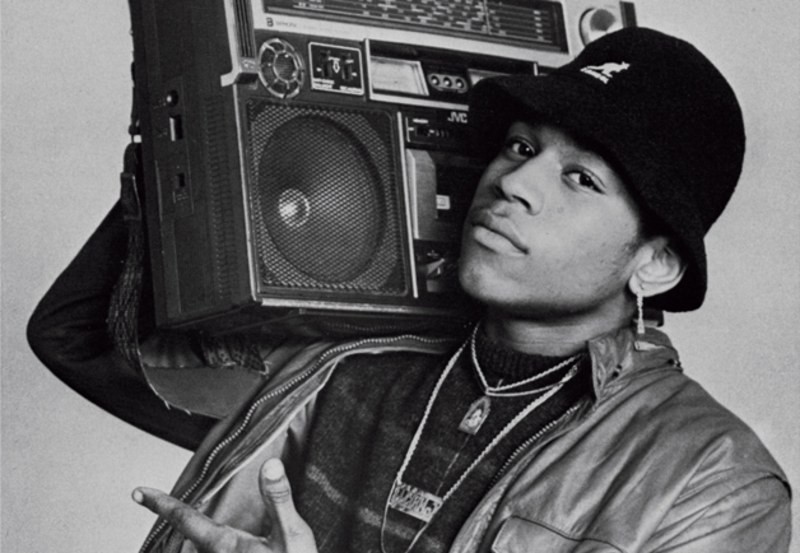 A black-and-white photograph of hip-hop artist LL Cool J circa 1985. 