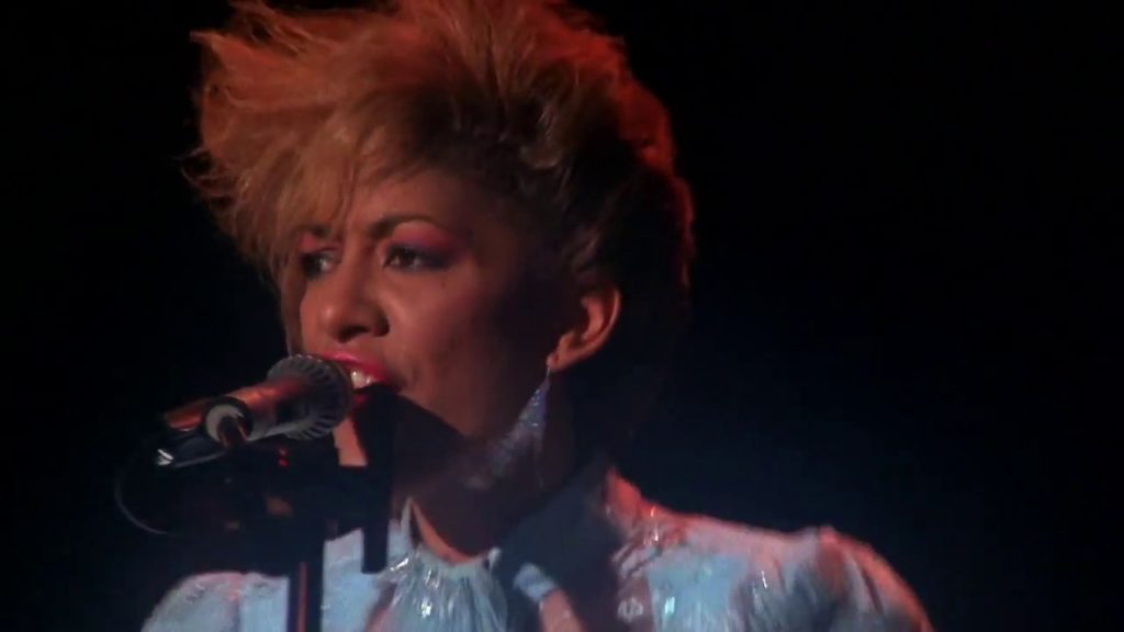 Soul/funk artist Sheila E. performs "Holly Rock" in the film "Krush Groove" (1985). 