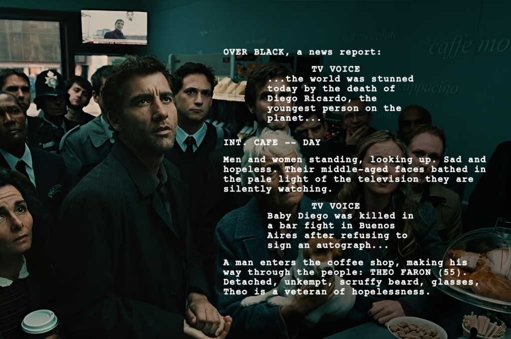  A crowd of adults (including Theo, a white male) is gathered in a coffeeshop. All are looking at a TV screen placed above and outside the frame. Text excerpts from the script are layered in white over the right side of the image.