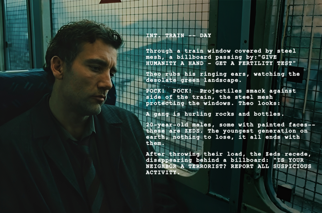  Theo is sitting in the window seat of a train, staring at the eat in front of him. The train’s windows are barred up. Text excerpts from the script are layered in white over the right side of the image.