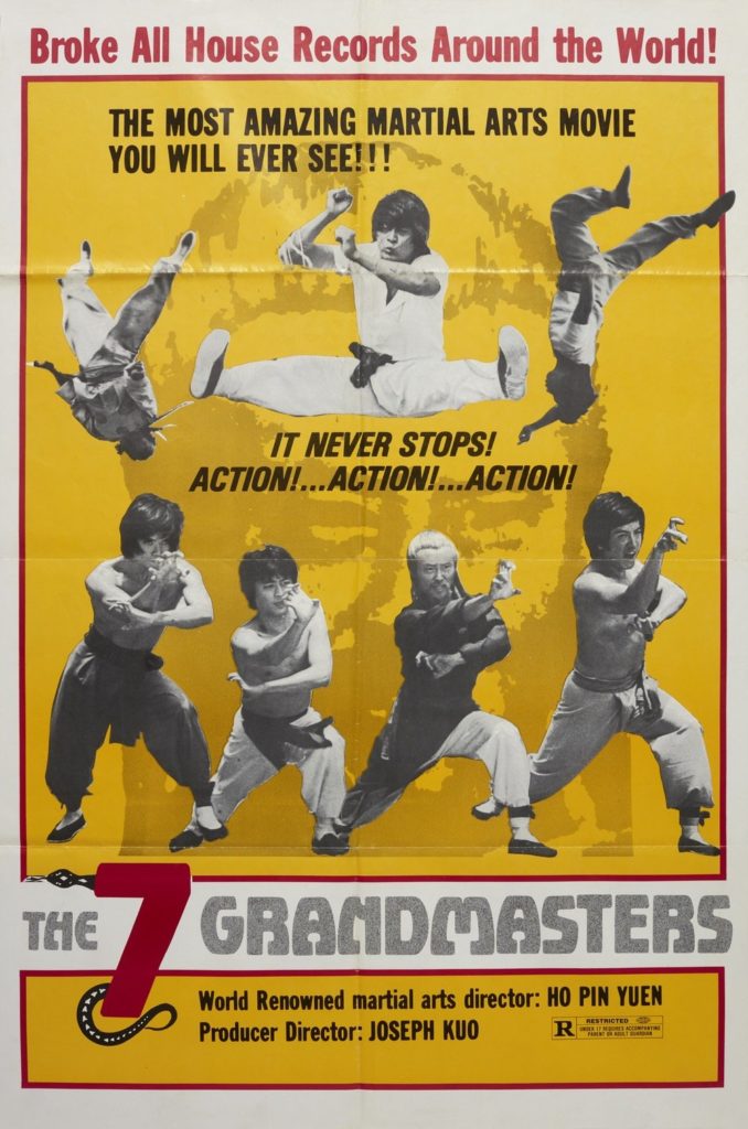 The poster for "7 Grandmasters," which features fighters in action poses over a yellow background along with promotional text about the amazing action scenes. 