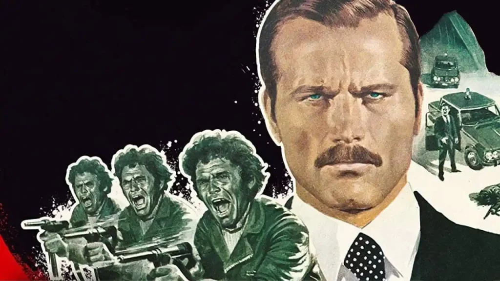 Original promotional illustration for "Confessions of a Police Captain" featuring three duplicated images of a man shooting a machine gun next to a larger image of a mustached man.