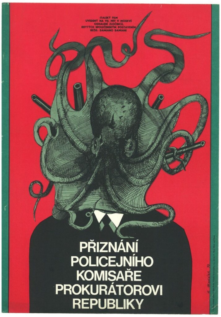 A primarily red-and-green promotional drawing for "Confessions of a Police Captain" in which a man's face is replaced by an octopus holding weapons in its tentacles. 