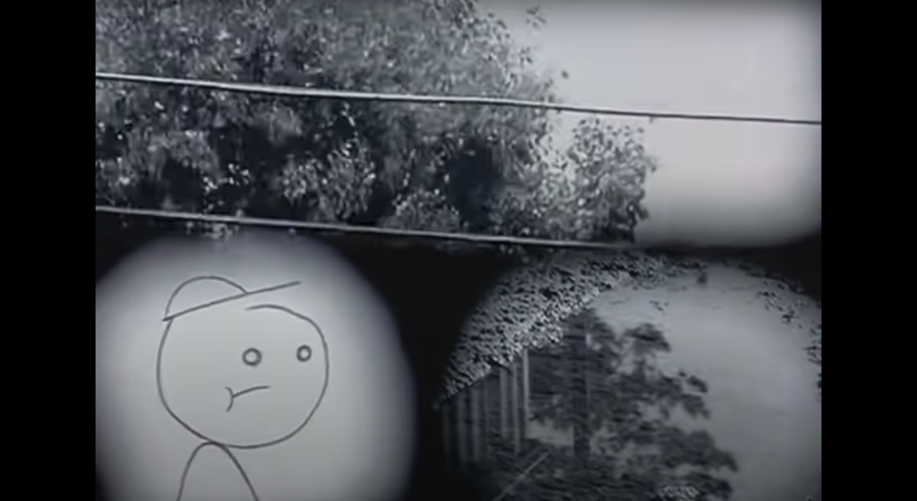 A stick figure with a hat appears in the low-left corner beneath and next to cinematic footage of trees and puddles.