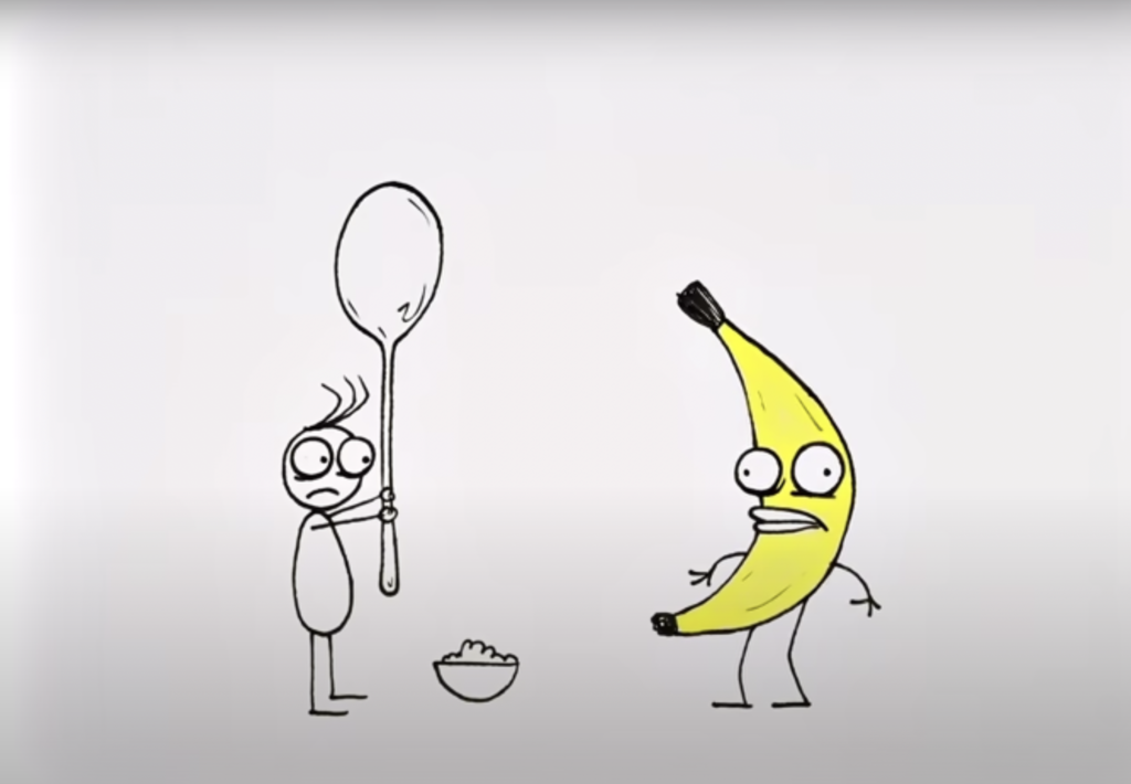 A humanoid stick figure and a banana with a face stand in a white space facing each other. The humanoid figure holds a spoon that is too big for the bowl of cereal placed in front of it.