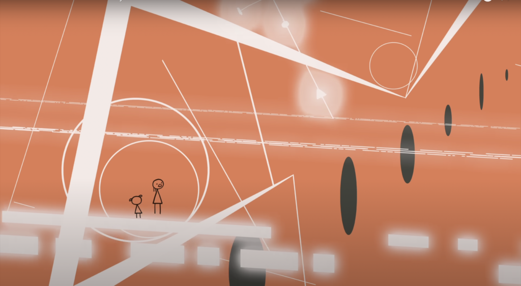 Two stick figures wander through abstract orange space filled with all kinds of shapes and lines.
