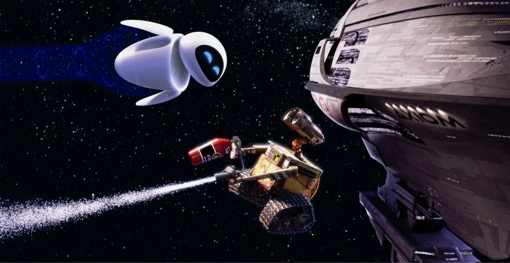In outer space, a robot propels himself with a fire extinguisher while a white robot flies next to him. A large spaceship is visible in the background.