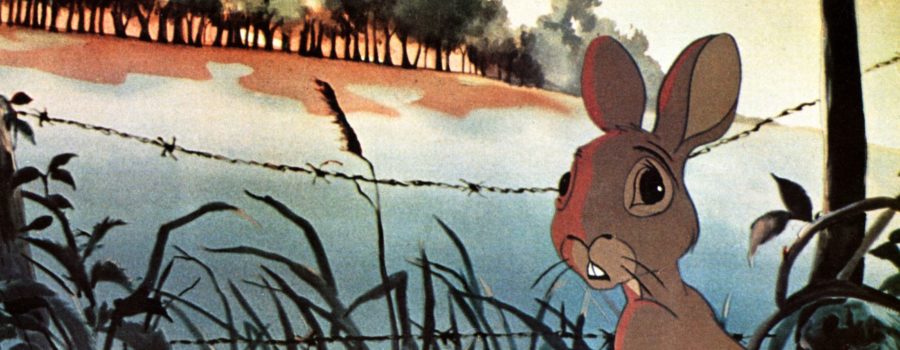 Animated image of a rabbit looking over his shoulder, a barbed-wire fence and a forest visible in the background.