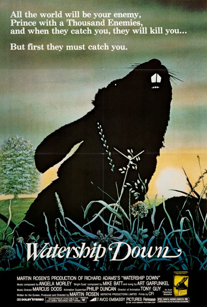 Cover of the book "Watership Down" (and the movie's original poster), which features a black rabbit with large teeth raising its head as the sun sets.  