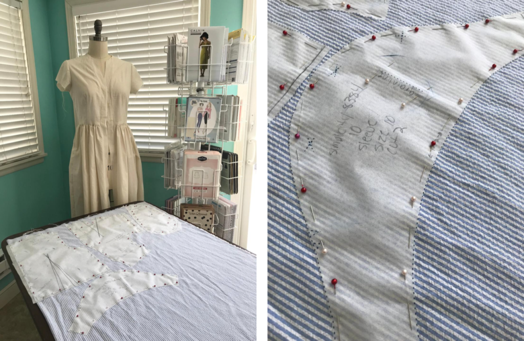 On the left is a photo of blue and white seersucker fabric on a table with sewing pattern pieces pinned on it, a dress form wearing a dress made of unbleached muslin and a spinning book rack displaying sewing patterns. On the right is a photo of a sleeve pattern pinned to blue and white seersucker fabric.