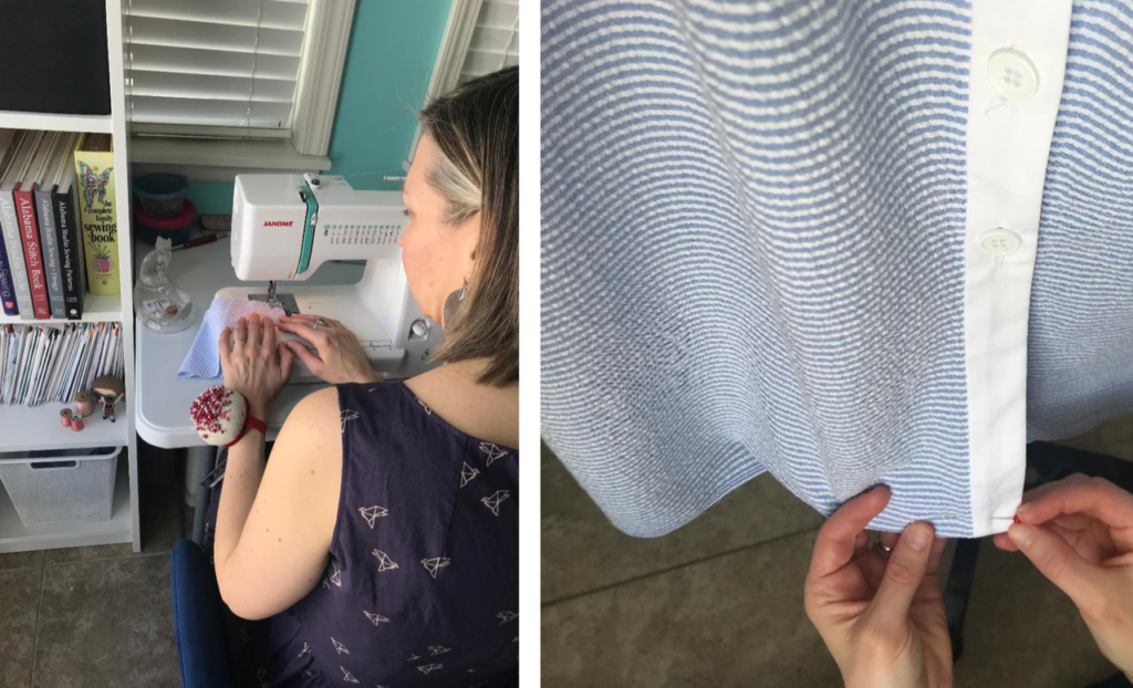 On the left is a photo of a woman sitting at a sewing machine and on the right is a photo of a blue and white seersucker dress with white trim being hemmed.