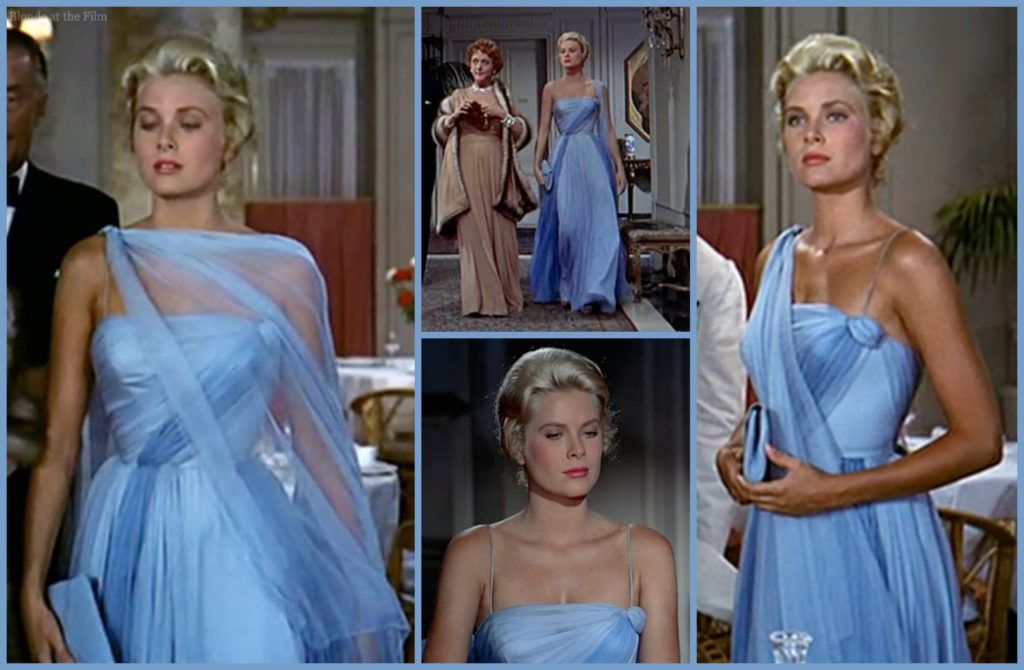 A collage of four images featuring Grace Kelly wearing a blue dress in "To Catch a Thief."