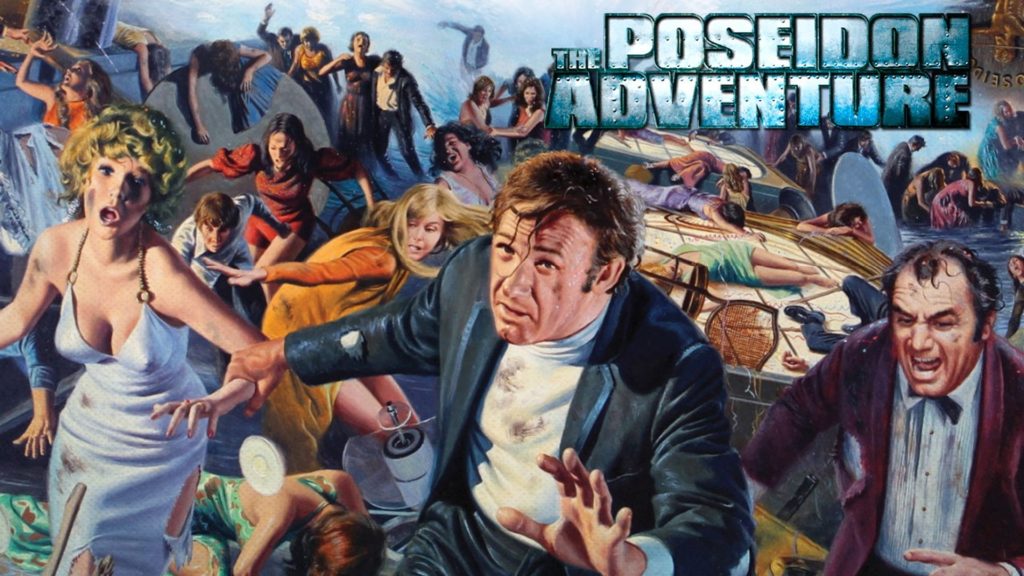 A promotional illustration for "The Poseidon Adventure," featuring drawings of various characters and scenes in the movie. 