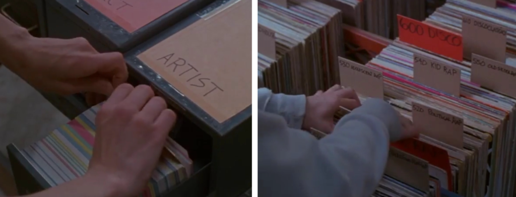 10. On the left is a photo of hands flipping through a cart catalog labeled "artists". On the right is a photo of hands flipping through records.
