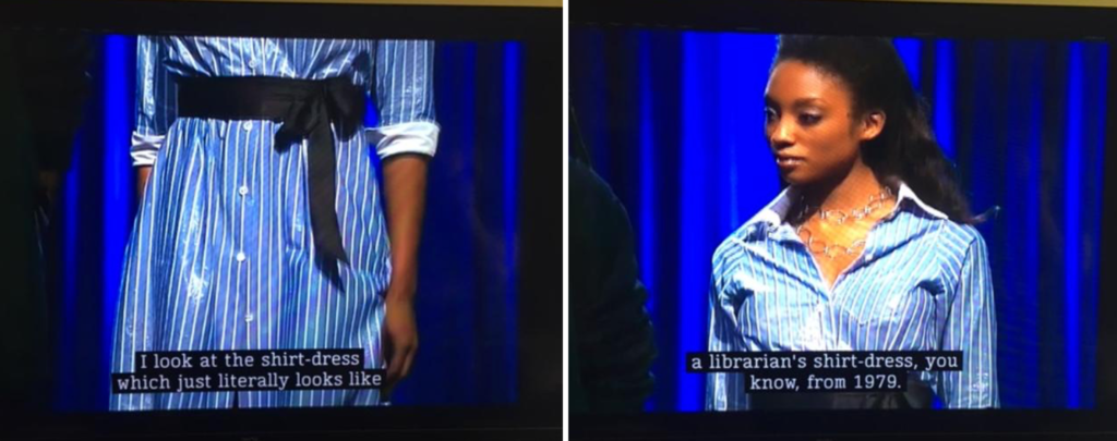 1. On the left is a photo of the bottom half of a blue and white striped shirt dress with white cuffs and a black belt with the text "I look at the shirt-dress which just literally looks like" on the photo. On the left is a photo of the top half of the shirt dress on a woman with the text "a librarians shirt-dress, you know, from 1979".