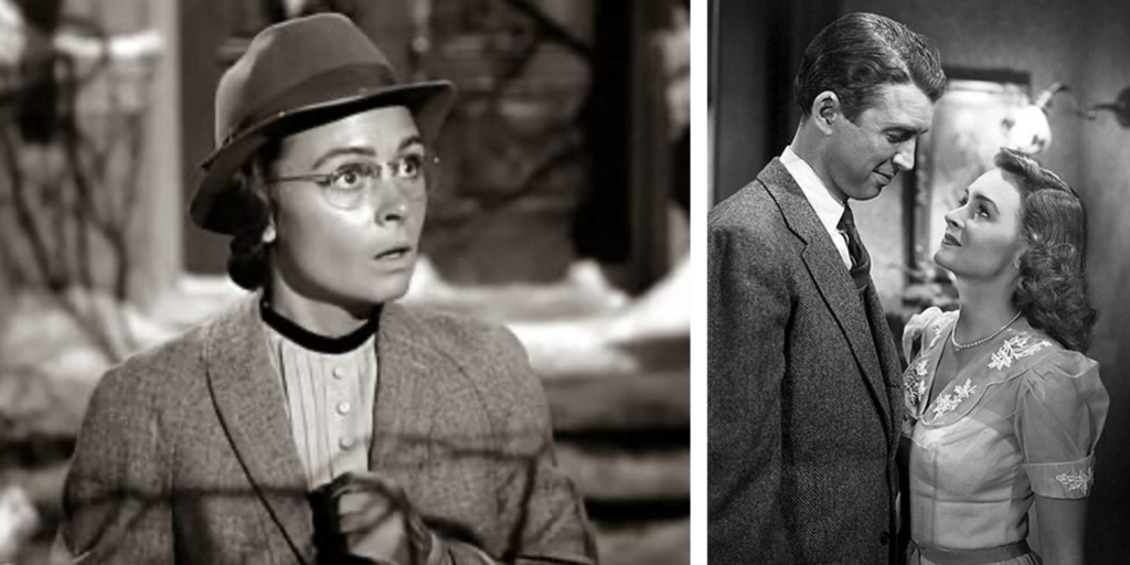 2. On the left is a black and white photo of Donna Reed looking startled wearing glasses, a hat, a white blouse with black trim and a grey, wool coat. On the right is a black and white photo of Donna Reed and Jimmy Stewart, looking at each other and smiling. Stewart is wearing a grey suit, white shirt, and neck tie. Reed is wearing a white lace blouse.