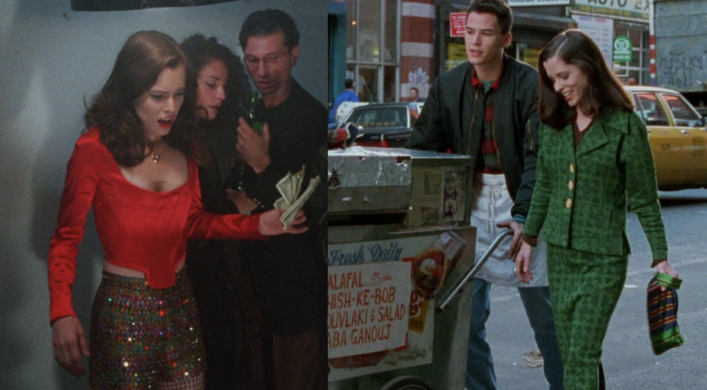 6. On the left is a photo of Parker Posey wearing a red satin corset top with sequins shorts while holding cash. On the right is a photo of Parker Posey wearing a green skirt suit while walking in New York with a falafel vendor pushing his cart. 
