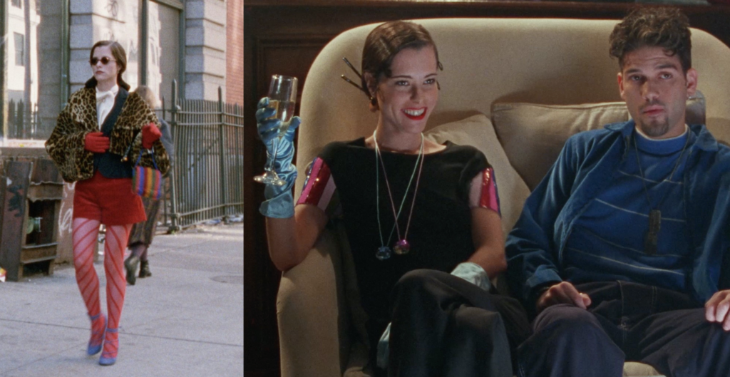 7. On the left is a photo of Parker Posey walking in New York wearing sunglasses, a white blouse, a leopard jacket, red mini skirt, red tights, and blue heels. On the right is a photo of Parker Posey and Guillermo Diaz sitting on a tan sofa. Posey is wearing a black top with black pants and blue satin gloves while holding a glass of champagne. Diaz is wearing a blue striped sweater, black pants, and a blue jacket.
