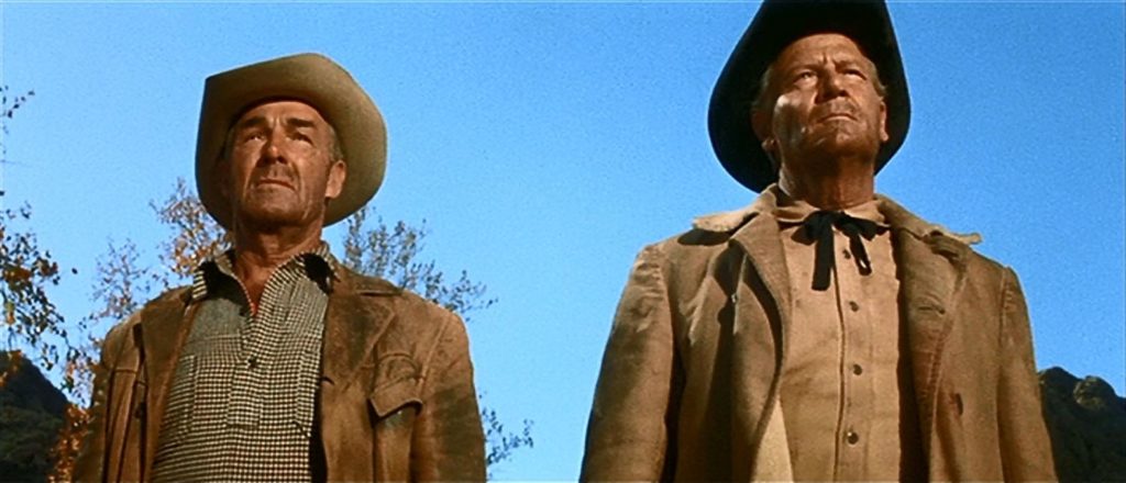 Two men (Randolph Scott and Joel McCrea) stand side-by-side, gazing into the distance, a bright blue sky behind them. 