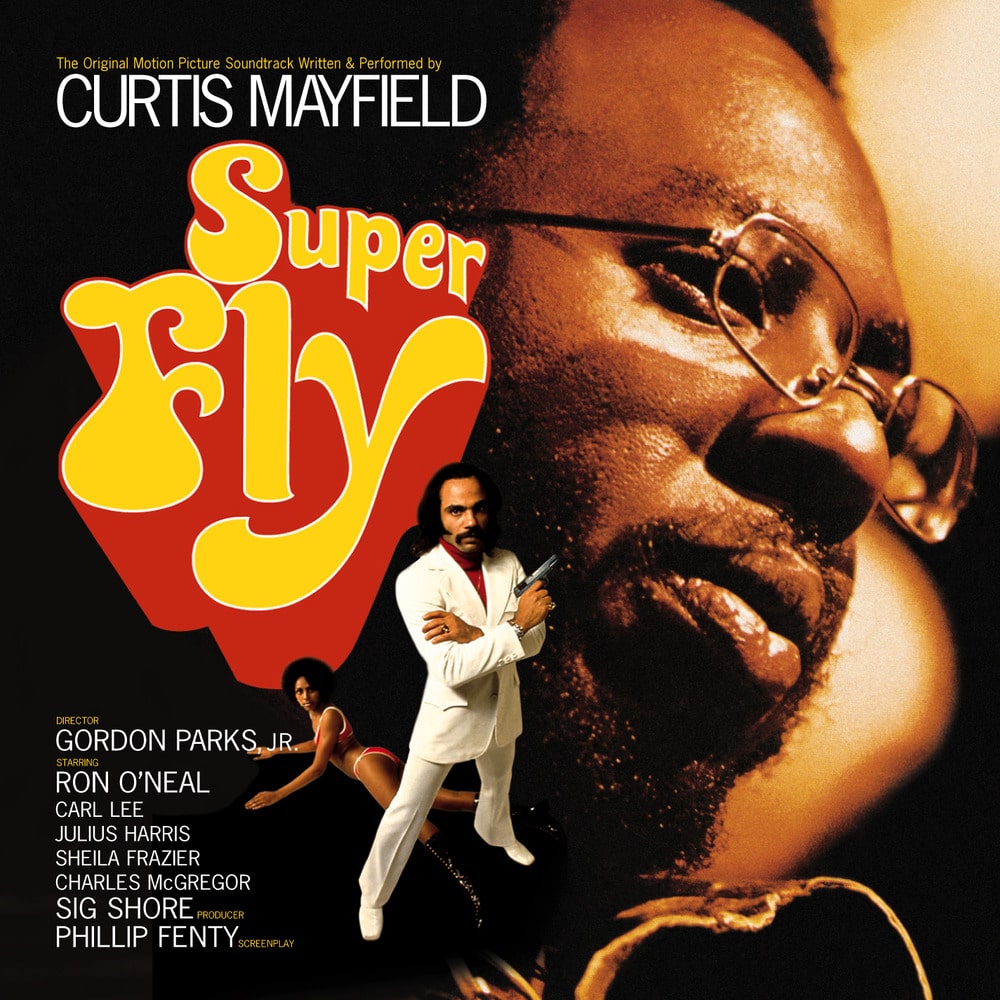 The cover image from Curtis Mayfield's Super Fly soundtrack album featuring a large photograph of Mayfield and smaller figures of O'Neal and Sheila Frazier.