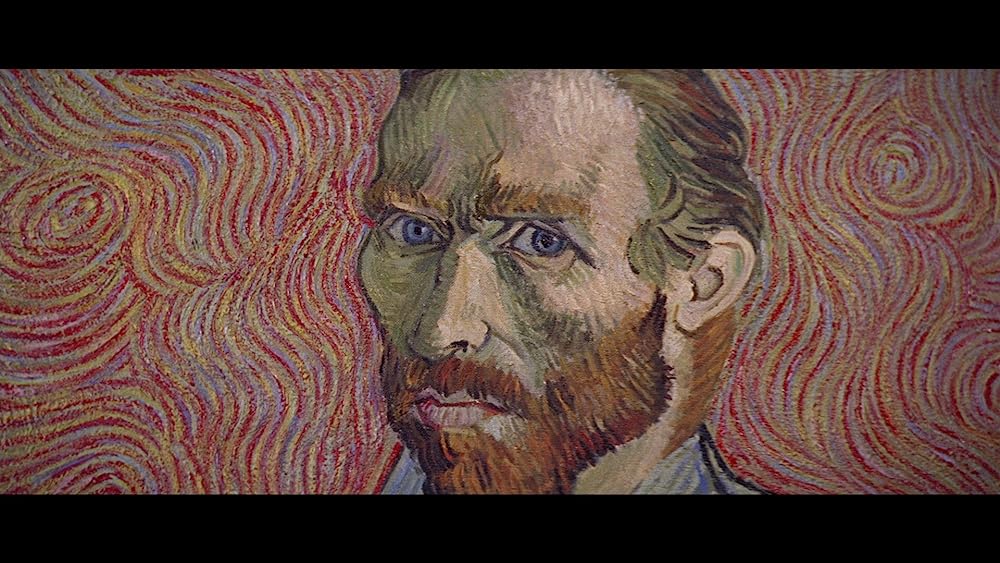 The image is a Van Gogh self-portrait; there is a face in the middle of a white man with a orange-blonde beard and blue eyes. His face is framed by red, blue, and yellow swirls and stripes.