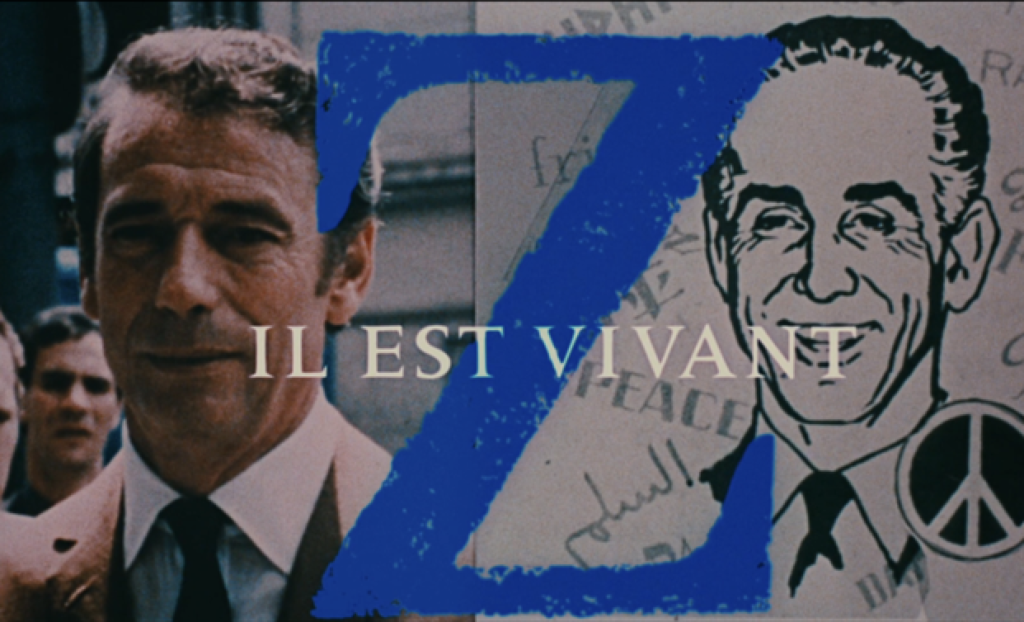 An image comparing the lead to a sketch of the same man. On the left is the actor Yves Montand, while on the right is a sketch of the politician he is portraying. In the middle is a large blue Z and the text "Il Est Vivant".