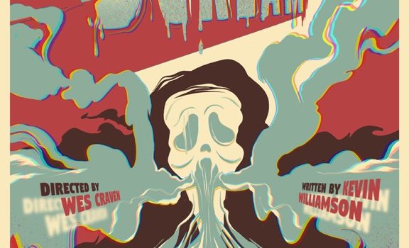 Scream Poster Designed by Jake R., featuring a blue-red-white illustration of the movie title and the ghost face mask