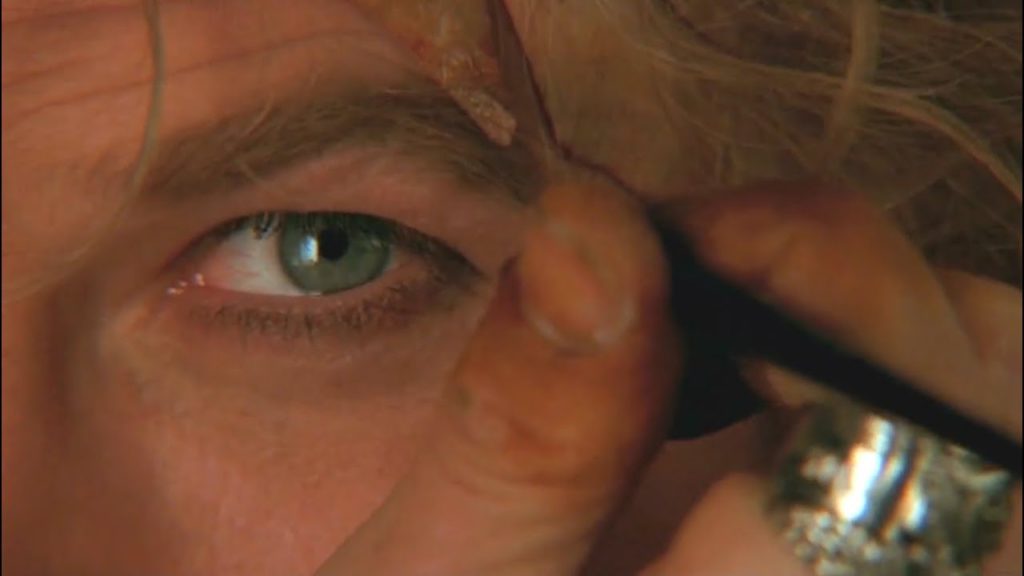 An extreme closeup of the face of Buffalo Bill (played by Ted Levine), focused on his eye as he applies makeup to his eyebrow. Just to the side of the frame, the flaking edges of a woman's scalp that he's wearing are visible.