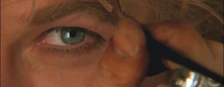 An extreme closeup of the face of Buffalo Bill (played by Ted Levine), focused on his eye as he applies makeup to his eyebrow. Just to the side of the frame, the flaking edges of a woman's scalp that he's wearing are visible.