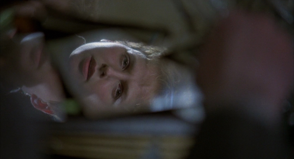 Jill Layton (Kim Griest) seen from the perspective of Sam Lowry (Jonathan Pryce) through a broken mirror.
