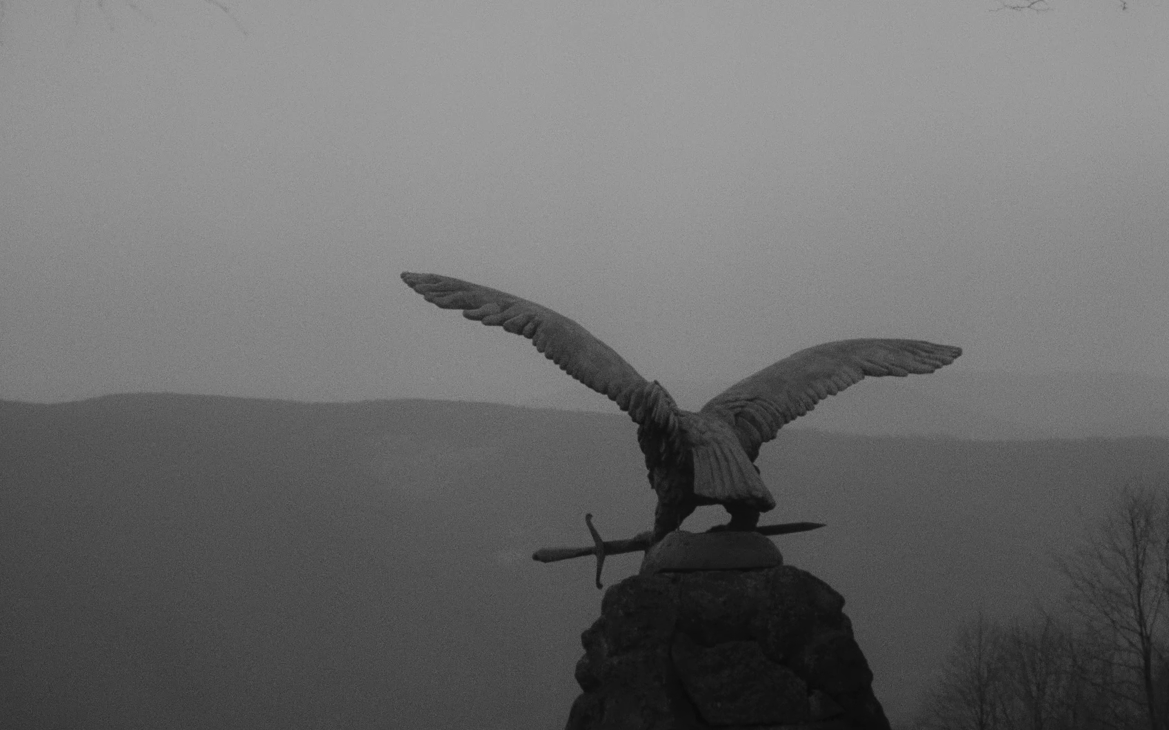 A statue of a hawk sits at the top of a ridge.