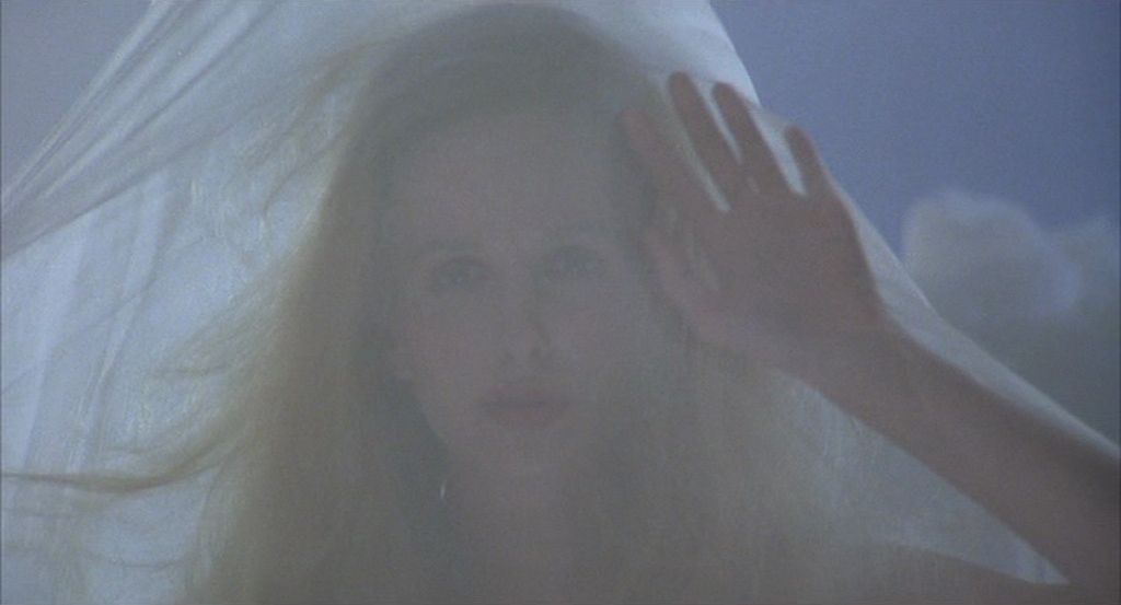 The woman from Sam’s dreams is seen through a veil, her left hand lifted as if in greeting.