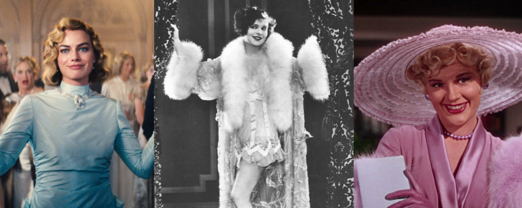 Three photos side by side depicting Nellie LaRoy in Babylon, Clara Bow in an old black and white photo, and Lina Lamont in Singin’ in the Rain, from left to right.