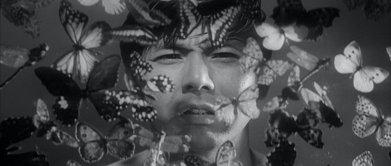 A close-up shot of a man's face surrounded by butterflies