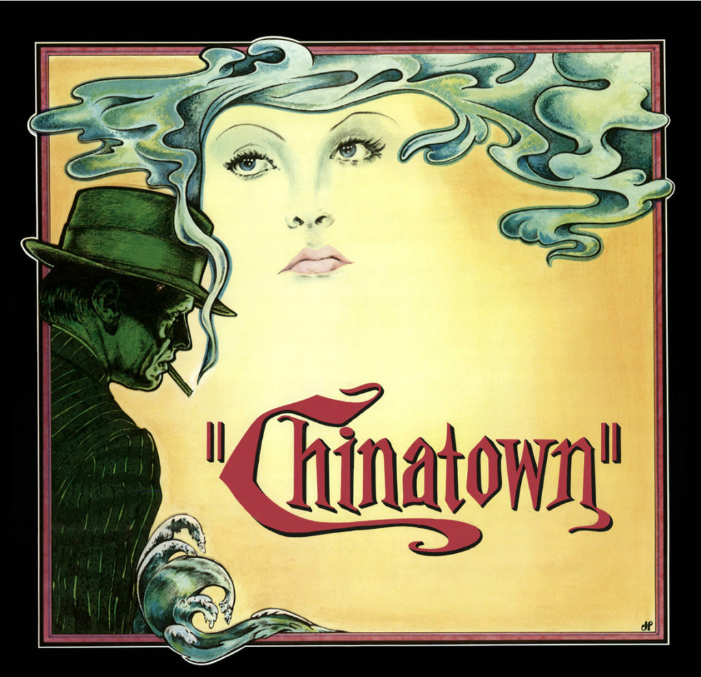 Poster for Chinatown, showing a feminine face emerging from an ornamental cloud of smoke coming from a man's cigar. The letters "Chinatown" are prominently features in red against a pale yellow background at the bottom of the image