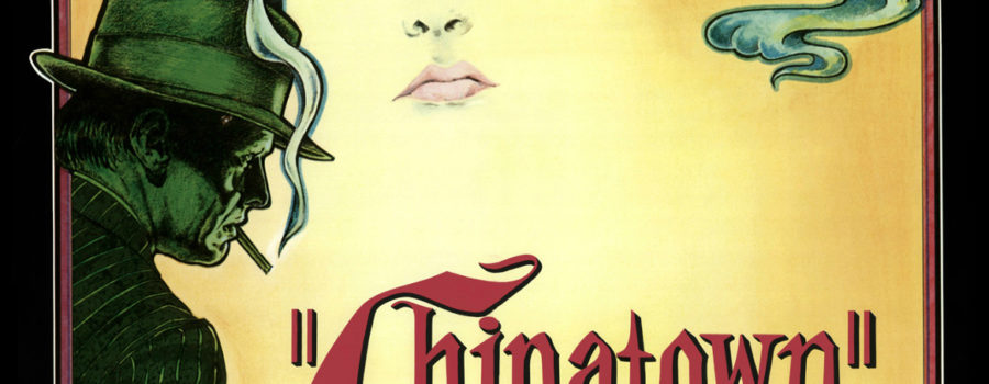 Poster for Chinatown, showing a feminine face emerging from an ornamental cloud of smoke coming from a man's cigar. The letters "Chinatown" are prominently features in red against a pale yellow background at the bottom of the image