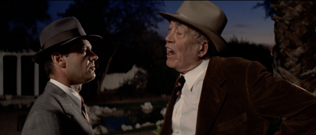 Jack Nicholson (left), as Jake Gittes, confronts John Huston (right), as Noah Cross, at his estate.)