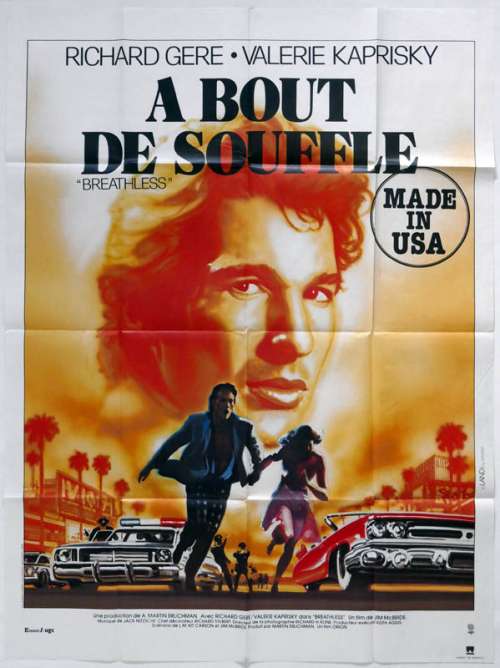 A movie poster with a large image of Richard Gere, the title is in French: À Bout de Souffle