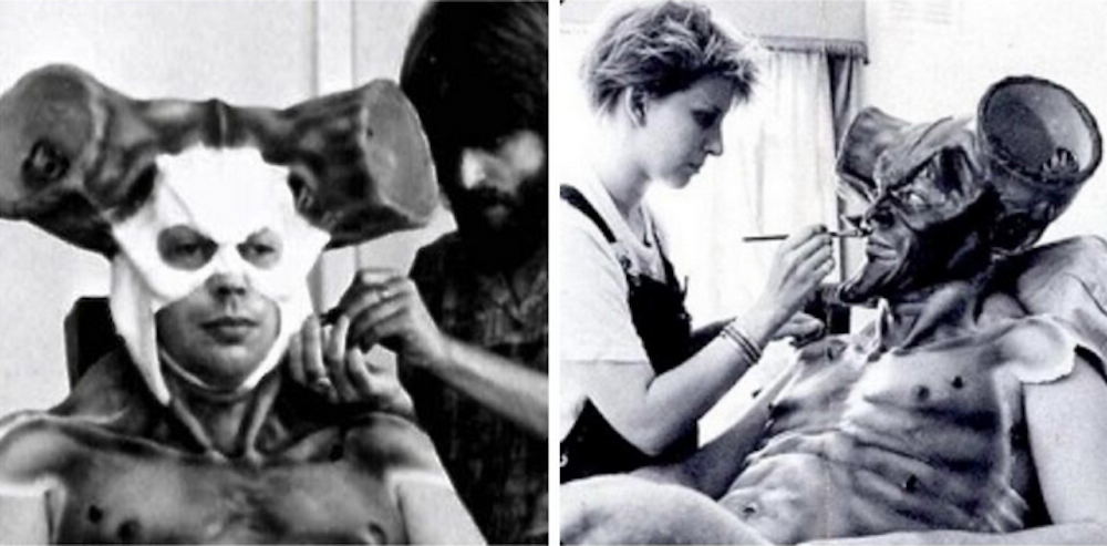  two black-and-white photos, the left one of a man with white plaster being applied to his face, the right one of a blonde woman painting the same man’s face with a paintbrush