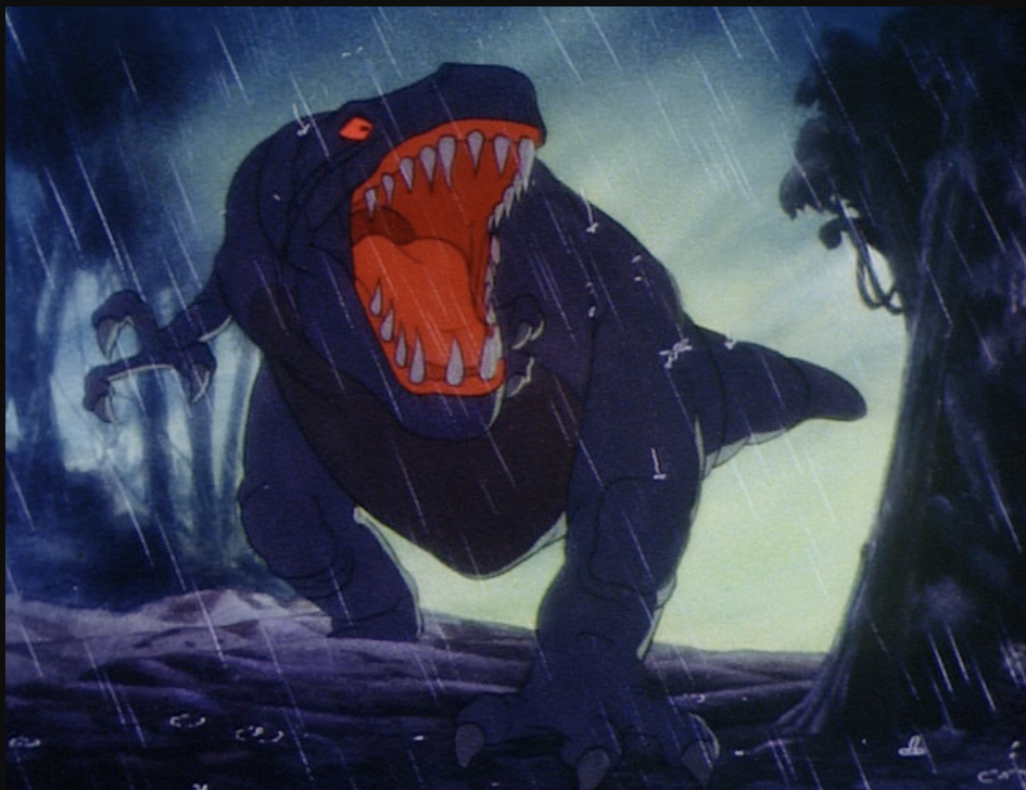 Tyrannosaurus Rex, tinted in blue and grey colors with its eyes and mouth glowing red, walks through a blurry forest landscape
