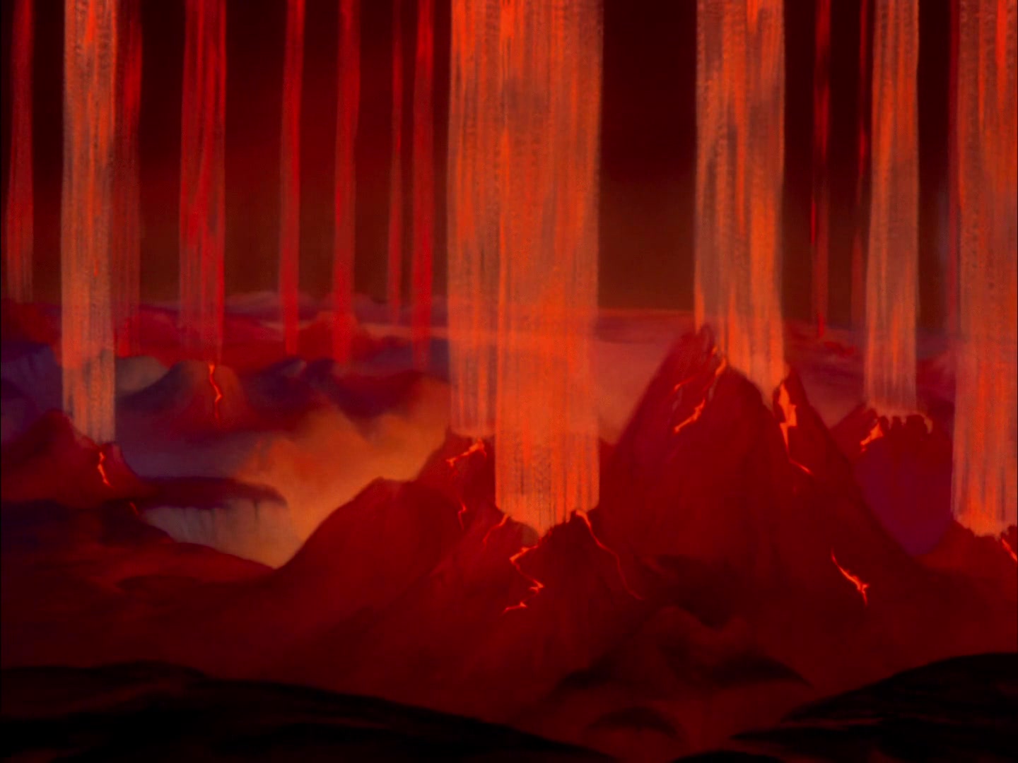 a scene of volcanoes erupting on young earth, tinted in in red and orange