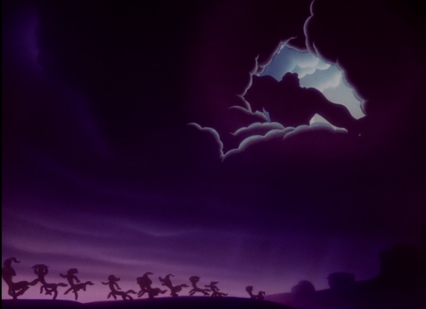 Zeus parts dark clouds above a group of fleeing centaurs