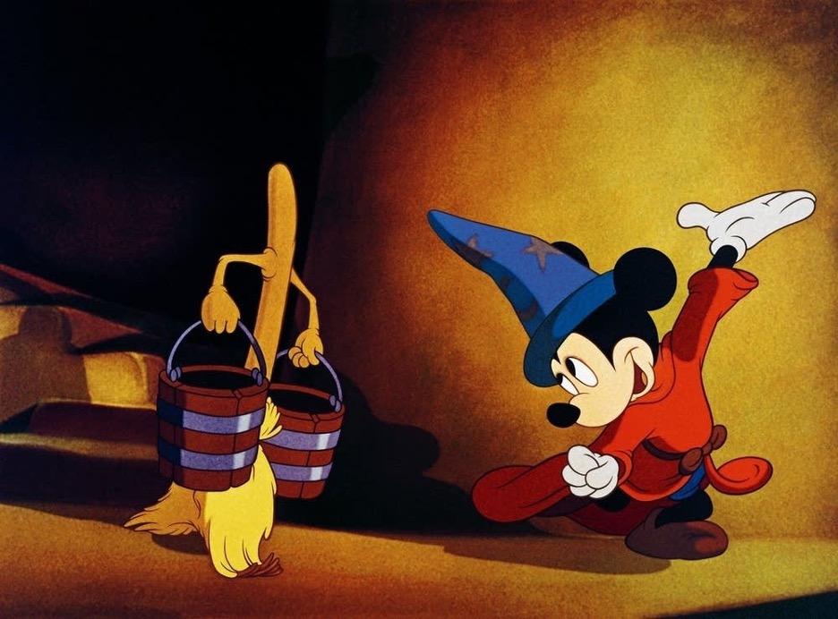 Mickey Mouse beckons to a cartoon broomstick carrying two water pails