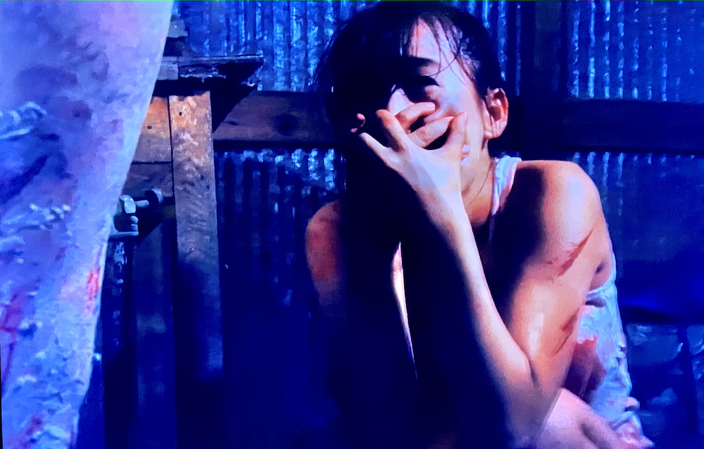 A frightened young woman, looking up at an assailant off camera, covers her mouth to stifle a scream.
