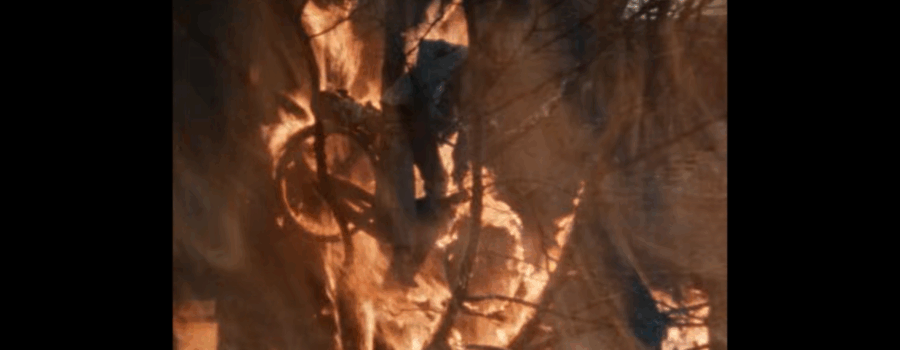 Just after a nuclear explosion, the silhouette of a man on a bike in a tree burns in an orange blaze.