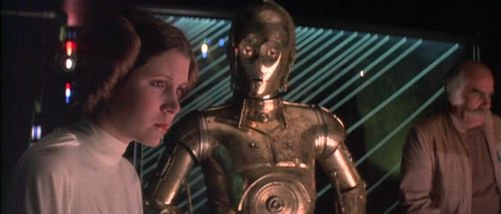 A somber woman, Leia, appears lost in thought. Beside her, a golden droid watches her grapple with the unfolding battle.