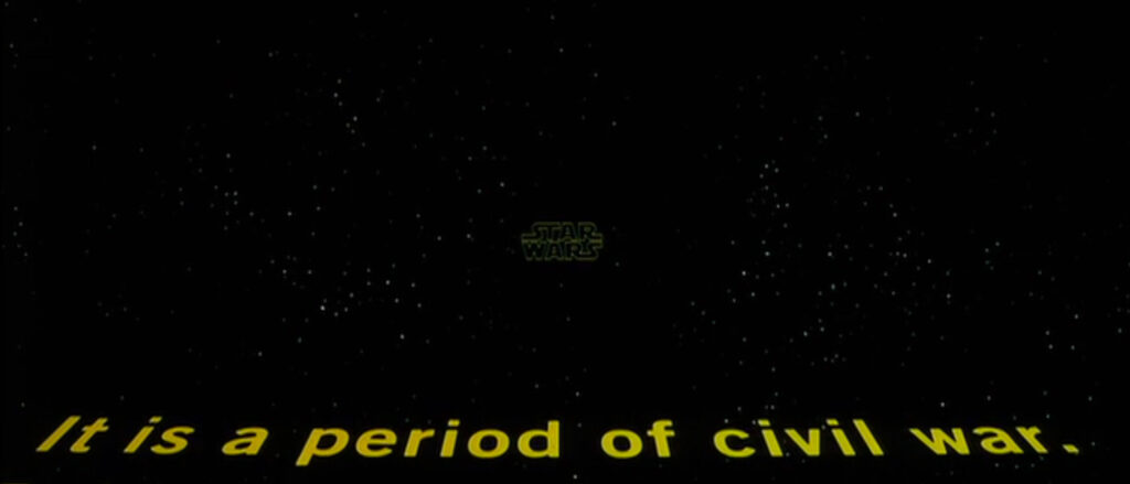 The opening crawl, showing a starry portion of space. In the center, the words "Star Wars" are faintly visible. At the bottom of the screen appear the words, "It is a period of civil war."