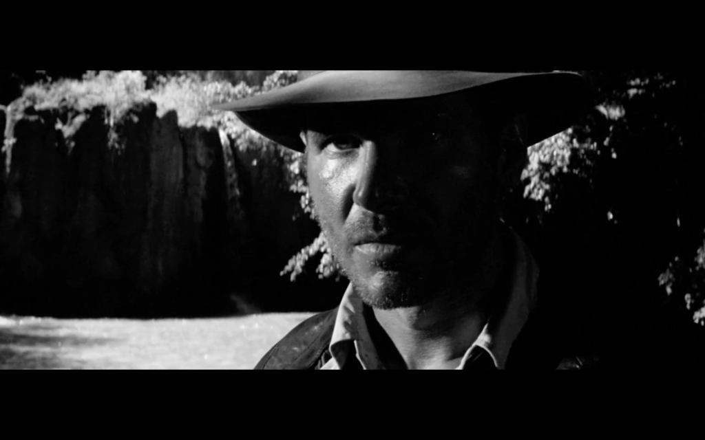 Man in a fedora looks into the distance, his face half-cast in shadow.