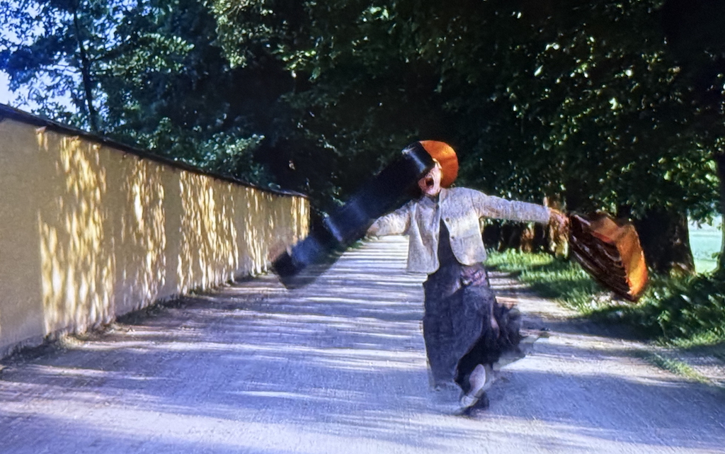 A blurry action shot of Sister Maria swinging her guitar case wildly while singing down the street.