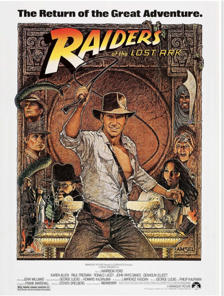 an illustrated poster for indiana jones, with indiana in the center holding a whip and surrounded by other characters from the film (and snakes!).